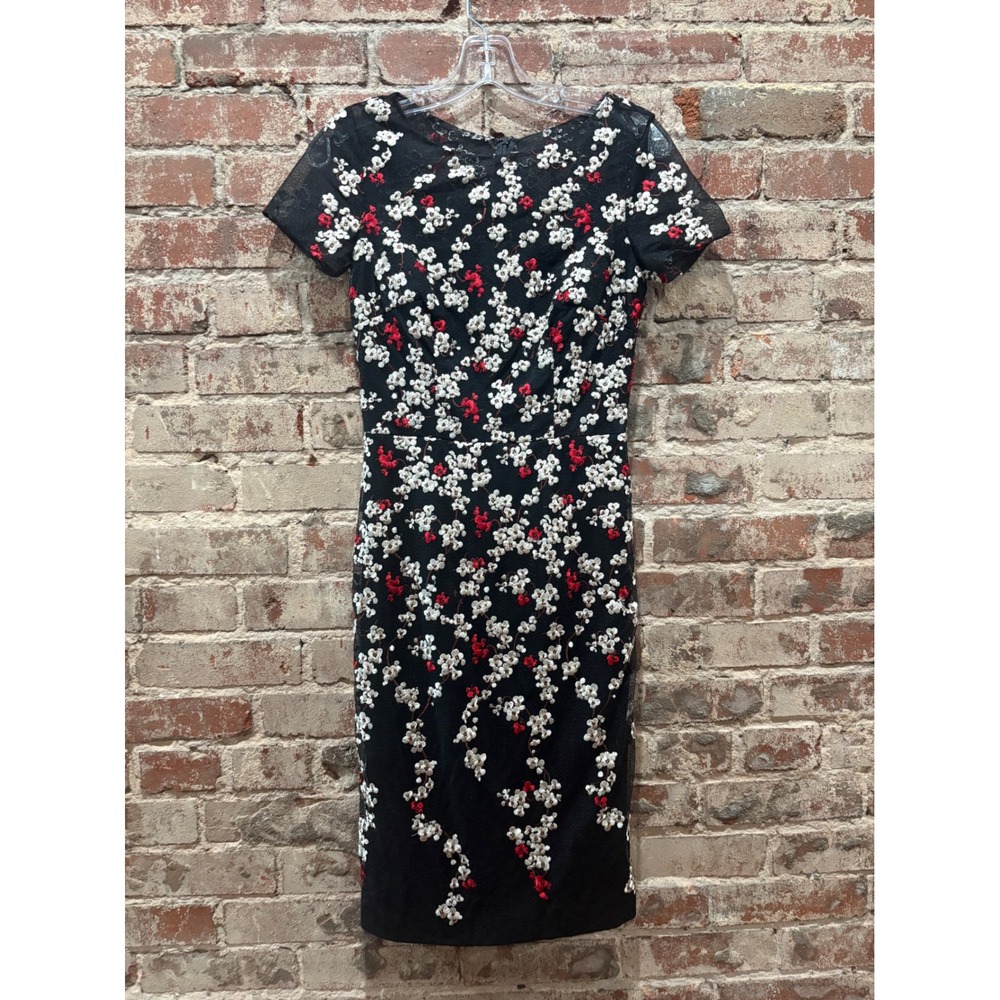 David Meister Falling Petal‎ Embroidered Sheath Dress Black Red White Size 0 - Picture 4 of 9